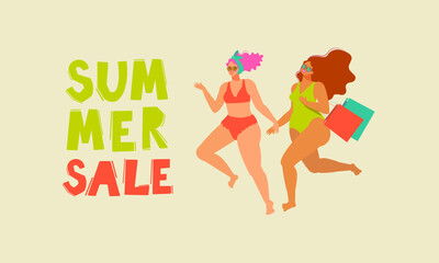 Summer, two girls in swimsuits, body-positive run to the sale. Summer Sale. Perfect background for posters, covers, flyers, banners.