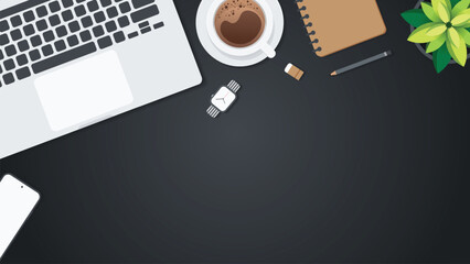 Cover and banner of working desk with gadget. Top view of table working and free space for text with computer, laptop, notebook, coffee cup, phone and paper.