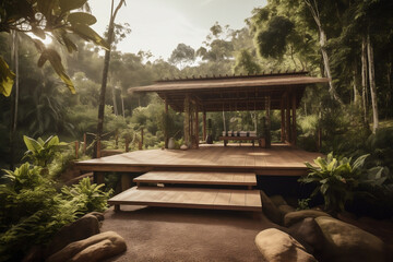  A peaceful yoga retreat nestled in a serene natural setting, featuring an outdoor yoga platform, meditation spaces, and lush green surroundings for relaxation and wellness.