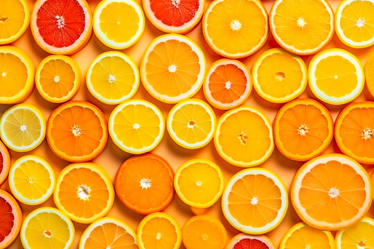 Colorful pattern of lemons and oranges slices background. Fresh citrus fruits for a summer vibes banner. Generative AI Illustration.