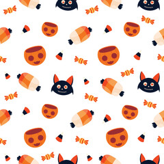 Halloween Vector seamless pattern with pumpkin,candy, meat and cat. White background.