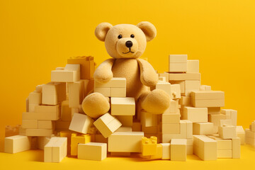 yellow background with toy blocks and teddy bear. generative ai.