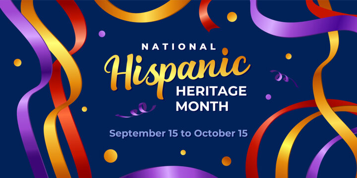 National hispanic heritage month. Vector web banner, poster, card for social media, networks. Greeting with national Hispanic heritage month text, ribbons pattern on blue background with streamers. - Powered by Adobe