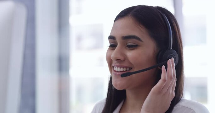 Call center, computer and happy woman, agent or consultant for communication, virtual support and talking. Insurance worker, web advisor or person with customer services helping or telemarketing job