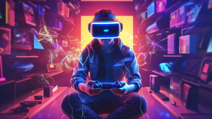 a game player using vr playing console game in game room. generative ai
