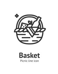 Wisker Basket for Picnic with Wine Bottle and Products Sign Thin Line Icon Emblem Concept. Vector illustration of Hamper - 605135478