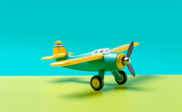 a small toy plane is pictured against a blue background. generative ai