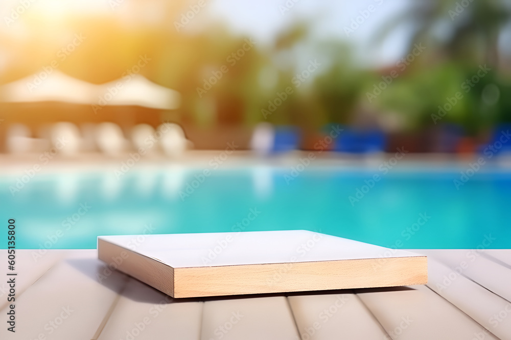 Poster creative mock concept. empty wooden table top in front of swimming pool at summer blurred background