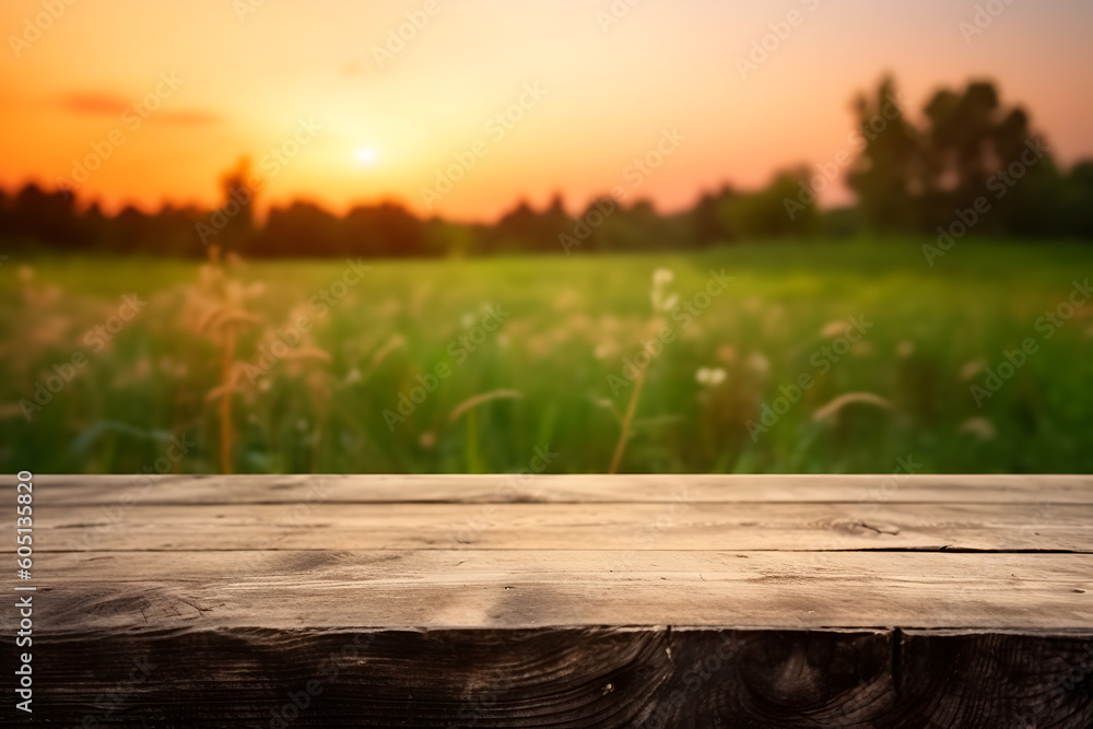Poster creative mock concept. empty wooden table top in front of wild meadow at sunset at blurred bokeh bac