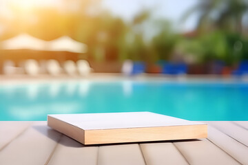 Creative mock concept. Empty wooden table top in front of swimming pool at summer blurred background. Template for product presentation display. 3D rendering - obrazy, fototapety, plakaty