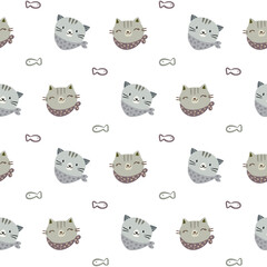 Seamless Pattern with Cartoon Cat Face and Fish Design on White Background