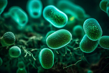 Macro close up shot of green bacteria and virus cells in a scientific laboratory. Pseudomonas aeruginosa bacteria rod-shaped bacteria. Pathogenic microflora, probiotics. Generative AI Technology