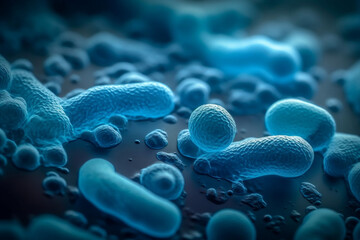 Close up macro shot of blue bacteria and virus cells in a scientific laboratory. Pseudomonas aeruginosa bacteria rod-shaped bacteria. Pathogenic microflora, probiotics. Generative AI Technology