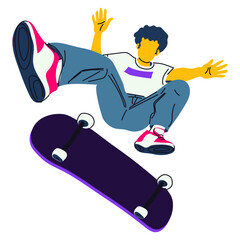 Poster International Skateboarding Day. A guy with a skateboard performs a jump on a white background. Skateboard tricks, skating, jumping. Banner with bright people for the holiday on June 21