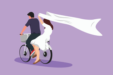 Fototapeta na wymiar Graphic flat design drawing romantic couple having fun on date riding bicycle. Back view of romantic teenage couple ride bike at evening. Young man and woman in love. Cartoon style vector illustration