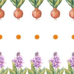Watercolor background with blossoming hyacinths. Endless wallpaper with flowers. Hyacinth. Watercolor illustration. Hand drawn.