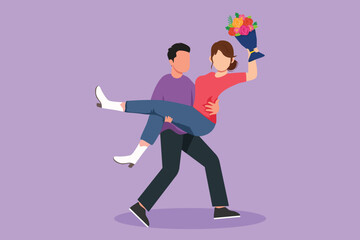 Fototapeta na wymiar Character flat drawing man carrying woman and making marriage proposal with bouquet. Cute guy in love giving flower. Happy romantic couple getting ready for wedding. Cartoon design vector illustration