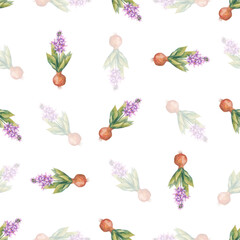 Watercolor background with blossoming hyacinths. Endless wallpaper with flowers. Hyacinth. Watercolor illustration. Hand drawn.