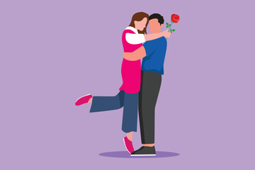 Graphic flat design drawing cheerful boy giving rose flower to girl. Man in love giving flowers. Happy couple getting ready for wedding. Engagement and love relation. Cartoon style vector illustration