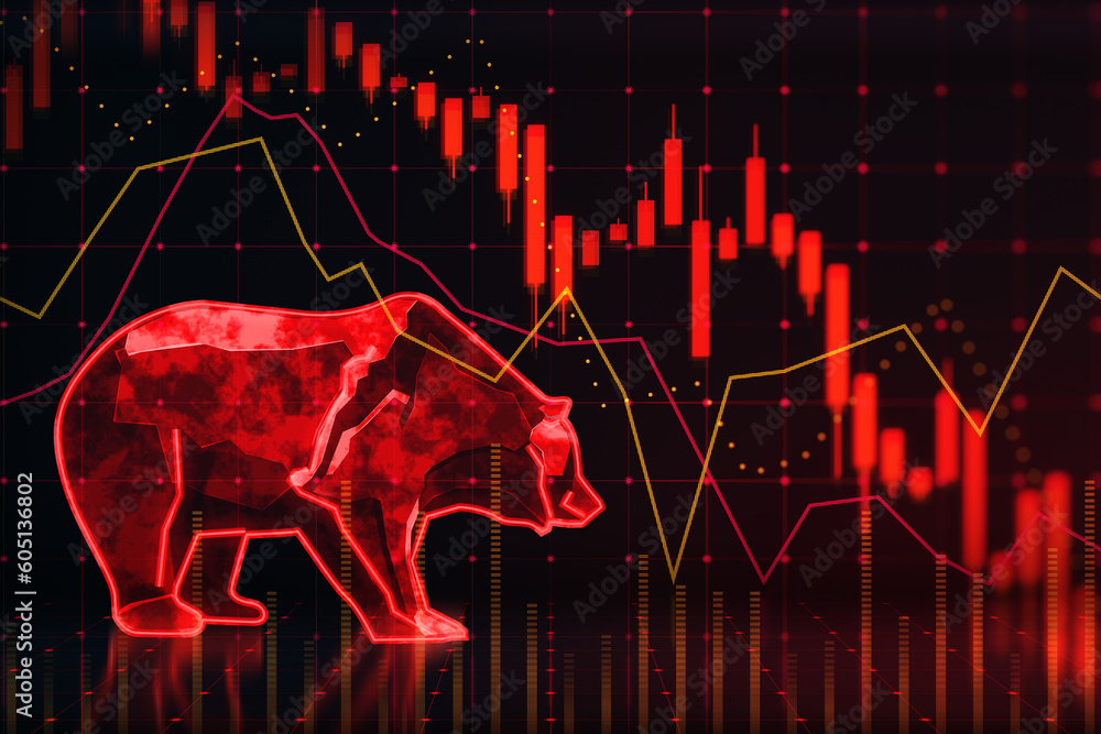 Poster global economy crisis and bearish stock market crash concept with falling down digital red financial