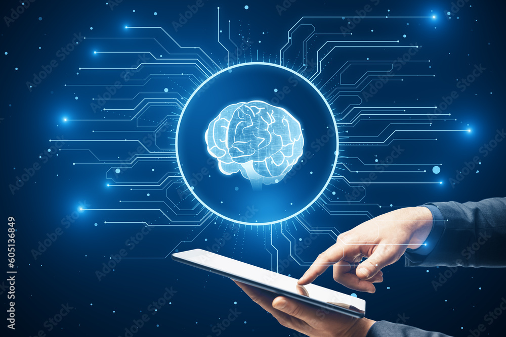 Poster Artificial intelligence and neural network technology concept with finger pushing button on digital tablet and human brain icon virtual hologram on dark blue background