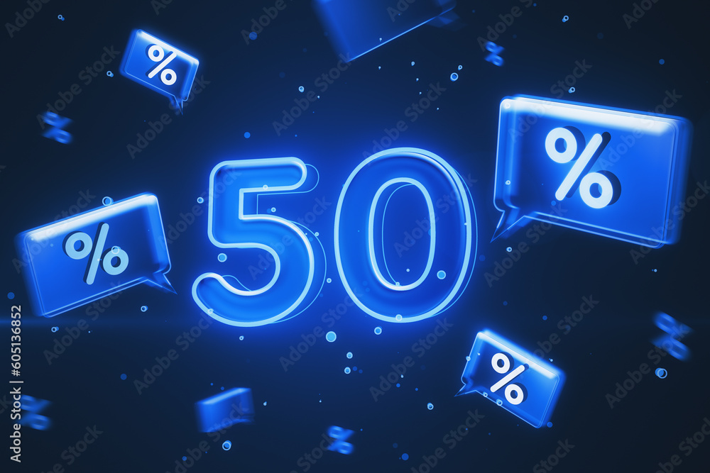 Poster online shopping, discount and sale concept with blue digital glowing 50 icon on dark background with