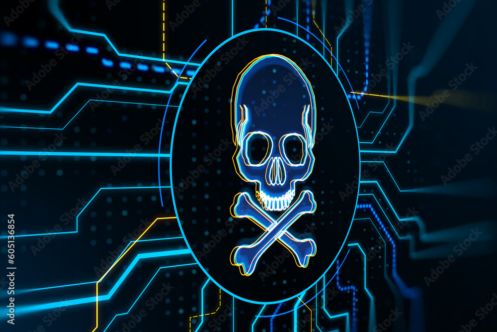 Poster Abstract digital skull hologram on blurry wallpaper. Hacking, malware and crime concept. 3D Rendering.