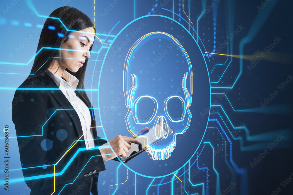 Poster attractive businesswoman using tablet with digital skull hologram on blurry background. hacking, mal