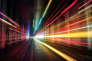 Fototapeta na wymiar Wide angle long exposure of train travelling fast using generative AI