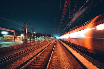 Fototapeta na wymiar Wide angle long exposure of train travelling using generative AI