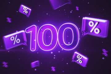 Hot sale, 100 percent of and online shopping concept with purple digital glowing 100 icon on dark background with speech bubbles. 3D rendering - obrazy, fototapety, plakaty