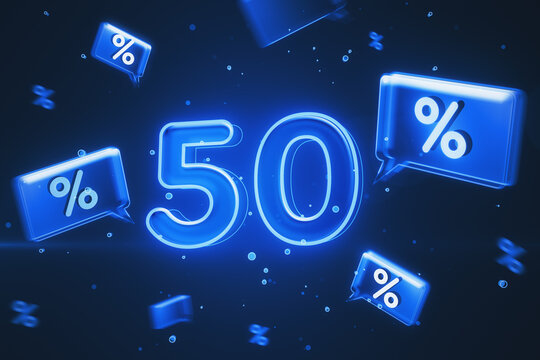 Online shopping, discount and sale concept with blue digital glowing 50 icon on dark background with speech bubbles with percent sign. 3D rendering