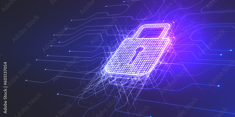Aufkleber glowing security padlock on blue background. digital interface and protection concept. 3d rendering.