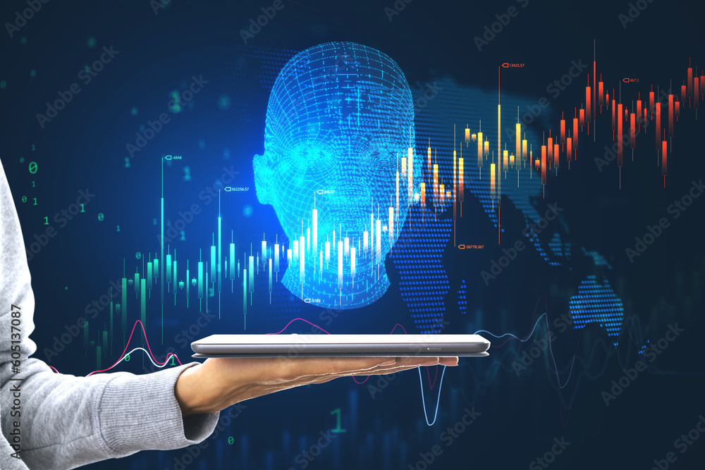 Poster Machine learning, mobile artificial intelligence and global investing concept with robot head with financial chart candlestick on world map background above human hand with digital tablet