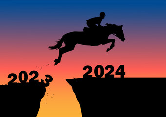 Graphics design silhouette horse jumping from 2023 to 2024 new year with sunrise background vector illustration