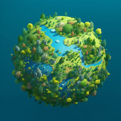 the earth illustration on blue sky is covered with greenery. generative ai.
