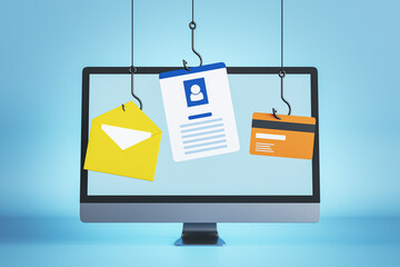 Phishing attack, cybercrime, hacking and malware concept with fish hooks stealing personal data, mail information and credit card details from modern computer monitor on blue background. 3D rendering