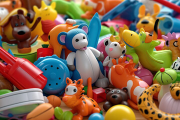 Fototapeta na wymiar various toys grouped up on wooden floor. generative ai.