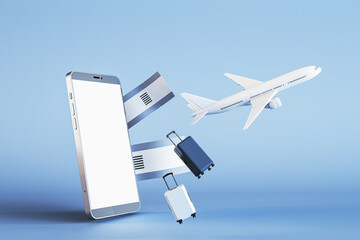 Flight holiday and tourism concept with perspective view on modern blank white smartphone screen for text or logo, aircraft, tickets and suitcases on light blue background. 3D rendering, mockup
