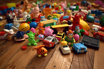 various toys grouped up on wooden floor. generative ai.