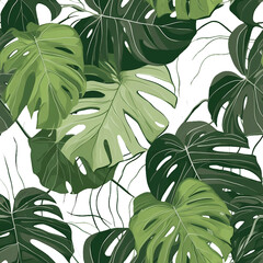 seamless pattern with monstera leaves on white background
