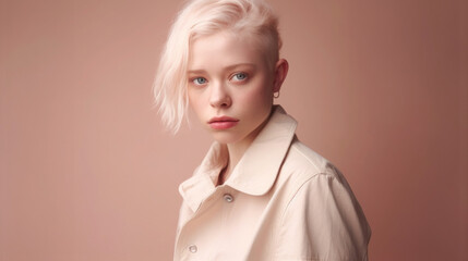 A pretty young woman with albinism in the studio. Generative AI - obrazy, fototapety, plakaty