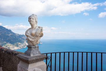 Ravello, Italy. Terrace of villa Cimbrone with marble statues over sea overlooking Amalfi coast
