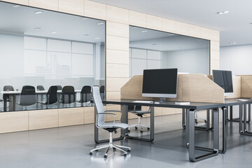 Contemporary wooden and concrete minimal coworking office interior with glass, reflections and furniture. 3D Rendering.