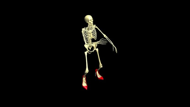 A unique joyful dance of a female skeleton in red patent leather shoes. 3D realistic animation.