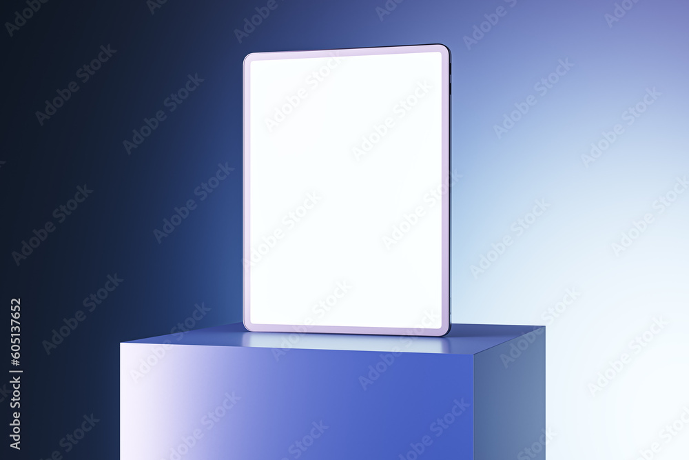 Aufkleber Empty white display tablet on creative square pedestal placed on light gradient background with mock up place. Ad concept. 3D Rendering.