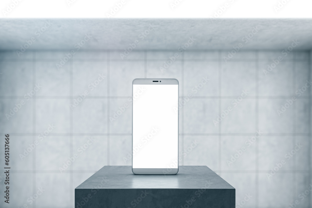 Aufkleber Front view on blank white modern smartphone display with space for web design, website or application on black glossy stage in empty room with grey tiles wall background. 3D rendering, mockup