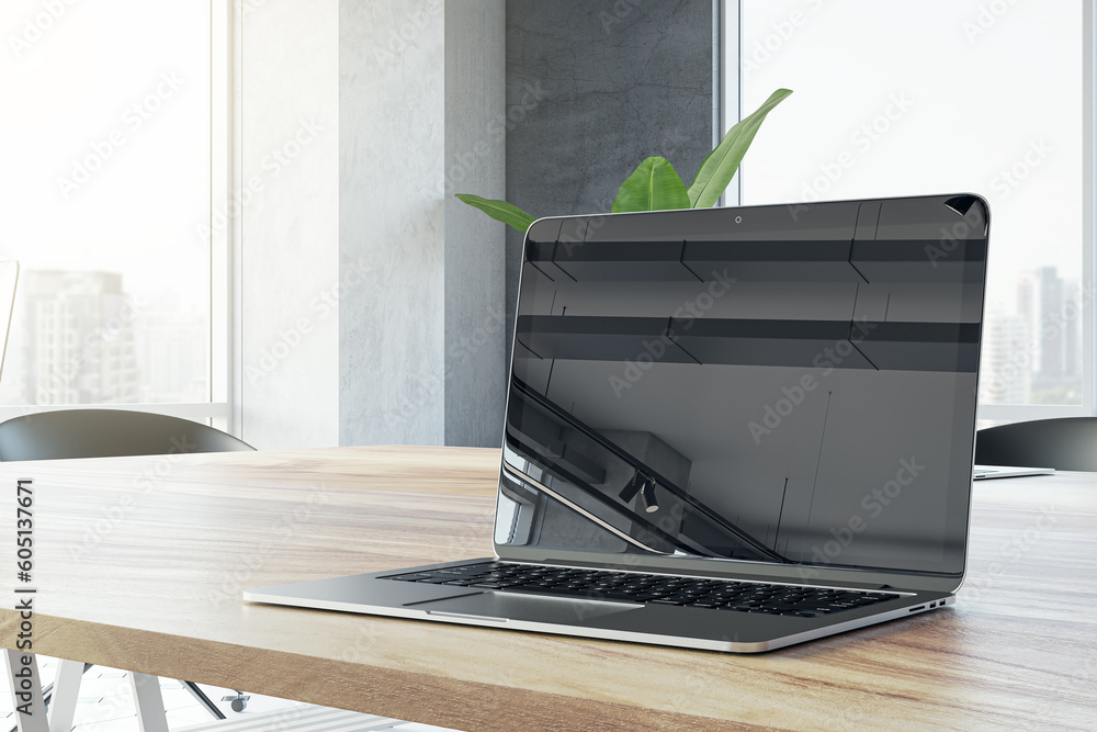 Poster closeup side view of a wooden office desk with blank screen modern laptop, on big window with city v