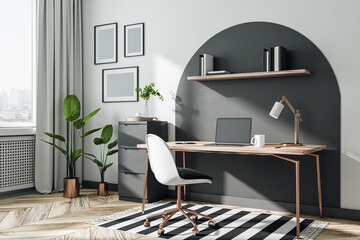 Perspective view on stylish home office work place with city view background from window, monochrome furniture and wall and striped carpet under stylish table on wooden floor. 3D rendering