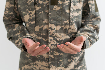 Closeup Shot Of Hands Of Unrecognizable Soldier In Camouflage Army Uniform, Military man